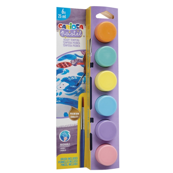 Carioca Pastel Pack De 6 Temperas En Botes De 25Ml + Pincel - Superlavables - Mezclables - Colores Pastel Surtidos