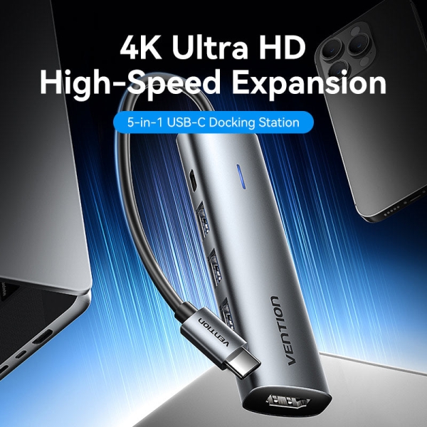 Vention Docking Station 5 En 1 Usb-C A Hdmi/3Xusb3.0/Usb-C Pd 100W - 0.15M - Color Gris