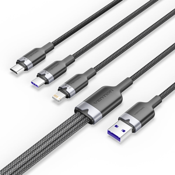 Vention Cable Usb-A 2.0 A Usb-C, Lightning, Micro-B 6A - 1.5M - Trenzado - Color Negro