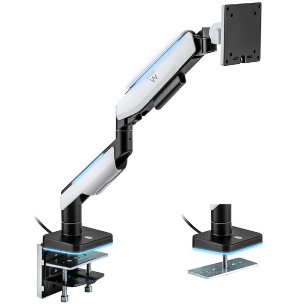 Ewent Soporte De Mesa Rgb Para Monitor/Tv - Giratorio E Inclinable - Iluminacion Rgb - Acero Y Aluminio - Compatible Vesa - Carga Maxima 20Kg - Brazo Articulado - Sistema De Pasacables - Color Blanco