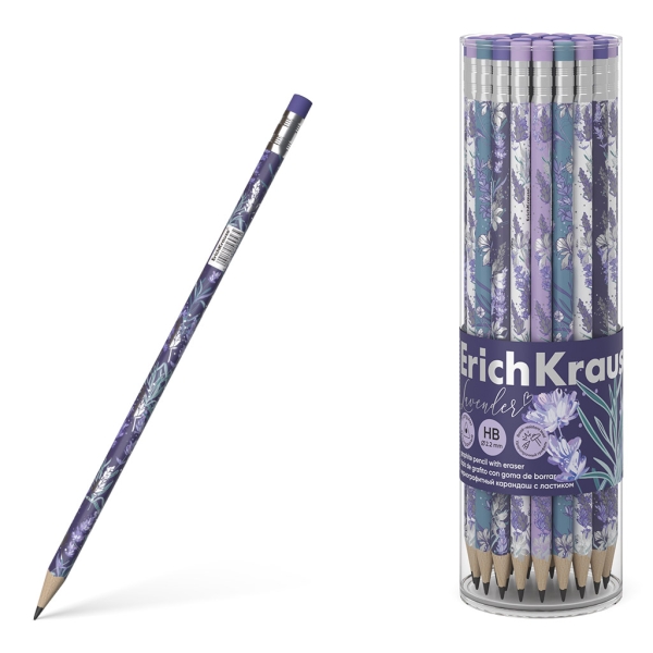 Erichkrause Lavanda Lapiz De Grafito Triangular Hb - Goma De Borrar - 4 Diseños Surtidos
