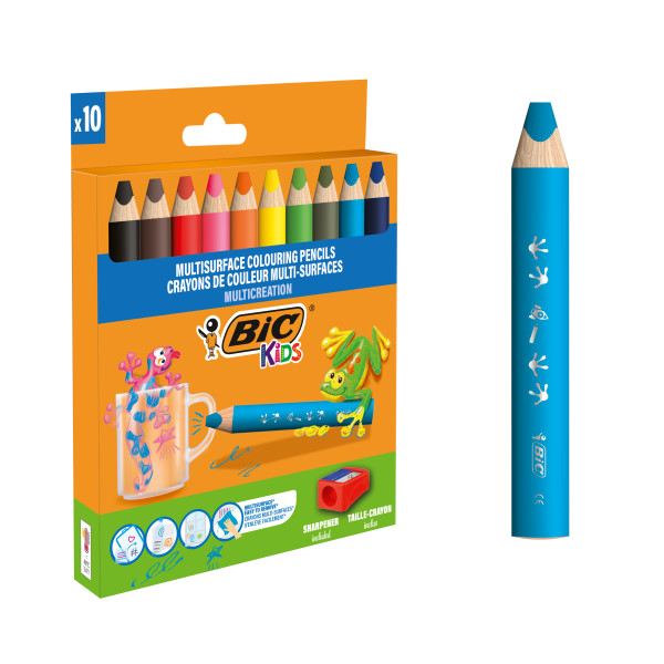 Bic Kids Multisuperficie Pack De 10 Lapices De Colores + Sacapuntas - Cuerpo Triangular - Minas Borrables En Superficies No Porosas - Colores Surtidos