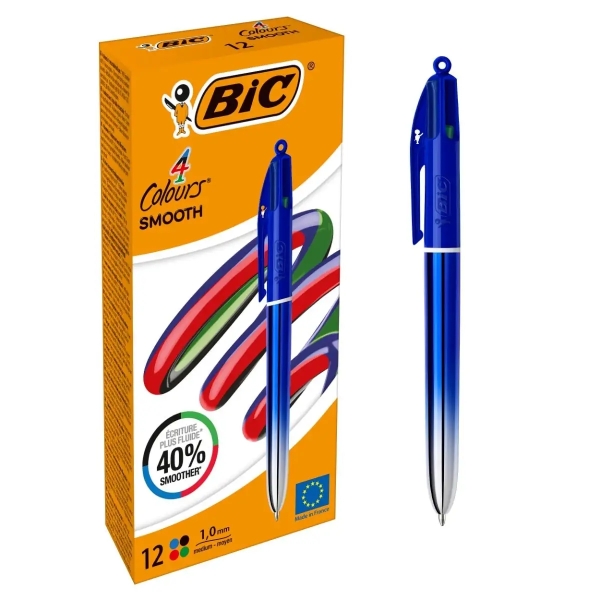 Bic 4 Colours Smooth Gradient Azul Boligrafo De Bola Retractil - Punta Media De 1.0Mm - Escritura Un 40% Mas Suave - 4 Colores