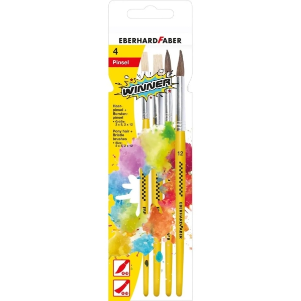 Eberhard Faber Winner Pack Con 4 Pinceles De Pelo Cerda Y Pelo Poni Tamaños 8, 12 - Virola De Aluminio