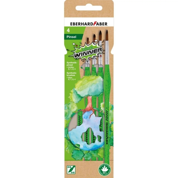 Eberhard Faber Green Winner Pack Con 4 Pinceles De Pelo Sintetico Tamaños 0, 1, 2, 4 - Agarre Ergonomico - Fabricados Con Un 60% De Almidon De Maiz