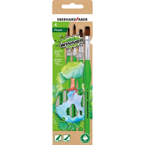 Eberhard Faber Green Winner Pack Con 4 Pinceles De Pelo Sintetico Tamaños 4, 6, 8, 12 - Agarre Ergonomico - Fabricados Con Un 60% De Almidon De Maiz