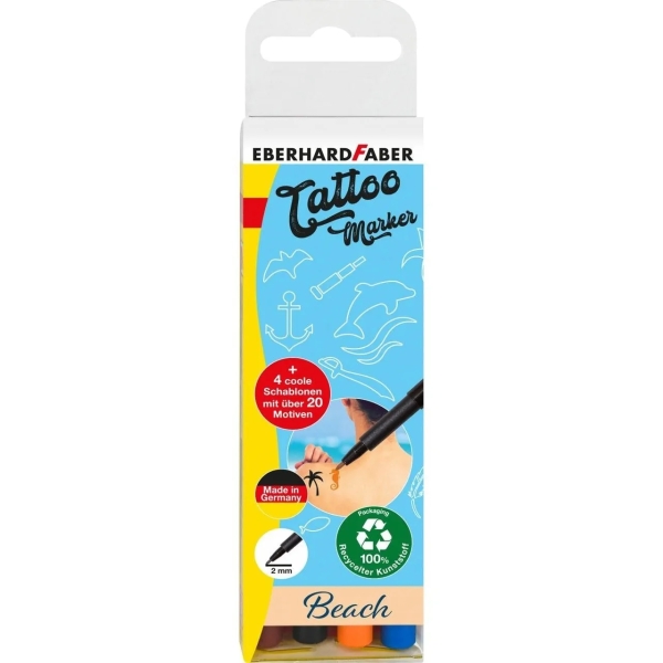 Eberhard Faber Tattoo Marker Beach Pack De 4 Rotuladores Para Tatuajes Temporales + 4 Plantillas Con Mas De 20 Motivos - Secado 5Min - Permanencia 60H - Colores Naranja, Marron, Azul Y Negro