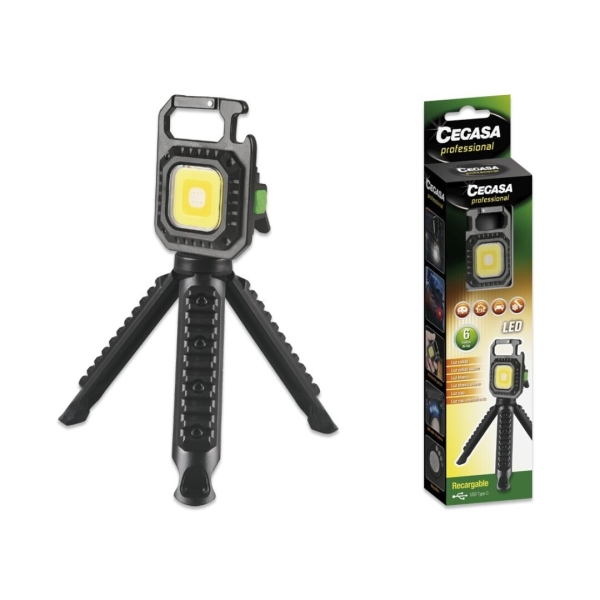 Cegasa Profesional Linterna Mini Con Tripode Cob Hasta 670Lm - Luz Blanca, Amarilla, Blanca Y Amarilla Combinadas, Luz Roja Y Luz Flash Intermitente - Bateria Recargable Usb-C - Color Negro
