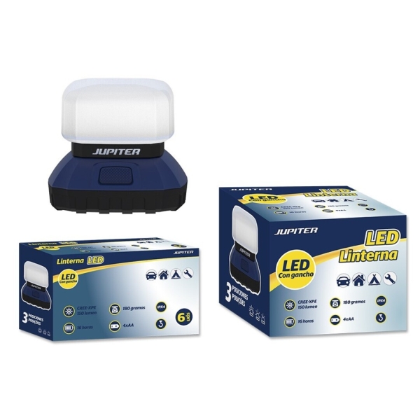 Jupiter Linterna Camping Led Cree-Xpe 150Lm - 3 Intensidades - Resistencia Ipx4 - Funciona Con 4 Pilas Aa (No Incluidas) - Color Azul/Negro