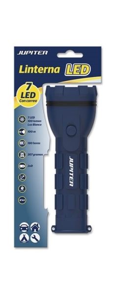 Jupiter Linterna De Luz Blanca 7 Led 100Lm - Cuerpo De Goma - Resistencia Ip44 - Funciona Con 2 Pilas D R20 (No Incluidas) - Color Azul
