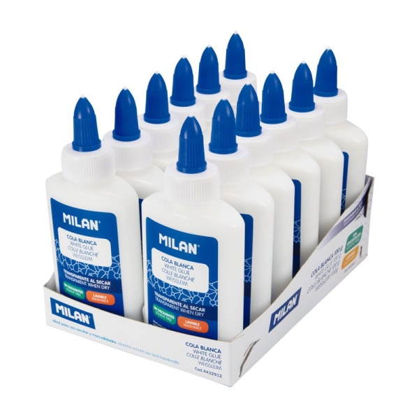 Milan Expositor Con 12 Botes De Cola Blanca 100Gr - Lavable Y Sin Disolventes - Ideal Para Uso Escolar Y Manualidades - Transparente Al Secarse