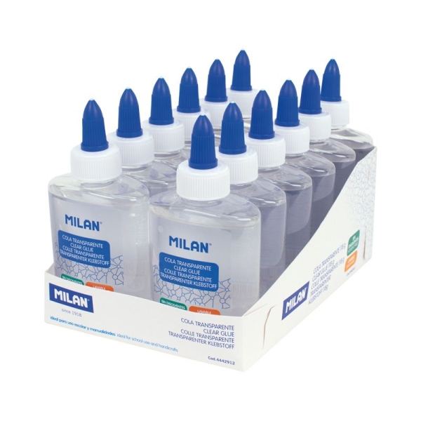 Milan Expositor Con 12 Botes De Cola Transparente 118Gr - Lavable Y Sin Disolventes - Ideal Para Uso Escolar Y Manualidades
