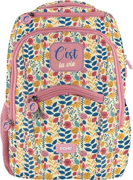 Dohe C`est La Vie Mochila Escolar - Compartimento Principal Con Bolsillo Acolchado - Bolsillos Laterales Para Bebidas - Espalda Acolchada - Doble Asa Superior - Fabricada En Poliester - Medidas 31,5X40X11Cm