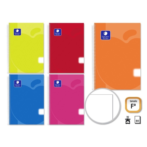 Golden Pack De 5 Cuadernos Espiral 80 Hojas 90Gr Liso - Tamaño Folio - Tapa De Polipropileno - Colores Surtidos