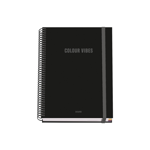 Dohe Colour Vives Cuaderno Espiral A5 100 Hojas Cuadricula 5Mm - Tapa Dura Impresa A Todo Color Y Plastificada En Brillo - Bandas De Color - Cierre De Goma - Color Negro