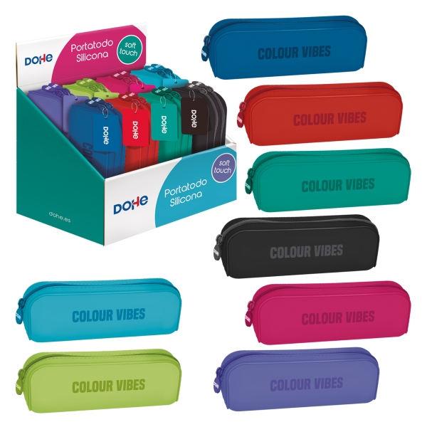 Dohe Colour Vibes Expositor Con 8 Portatodos Simples De Silicona - Cierre Con Cremallera Y Tirador De Goma - Colores Surtidos