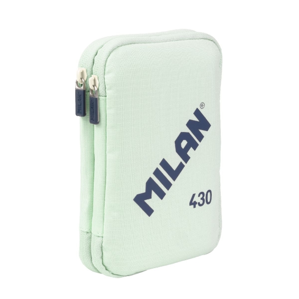 Milan Coleccion 430 Plumier De 2 Pisos Con 2 Gomas De Borrar, Sacapuntas, Lapiz, Boligrafo P1 Touch Azul, Regla, 12 Lapices De Colores Y 18 Rotuladores - Color Verde