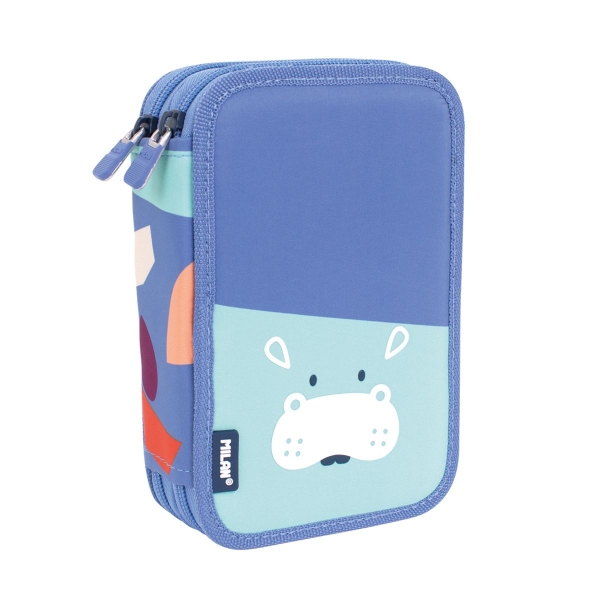 Milan Fun Animals Plumier De 2 Pisos Con 2 Gomas De Borrar, Sacapuntas, Lapiz, Boligrafo Capsule, Regla, 12 Lapices De Colores Y 18 Rotuladores - Color Azul/Turquesa