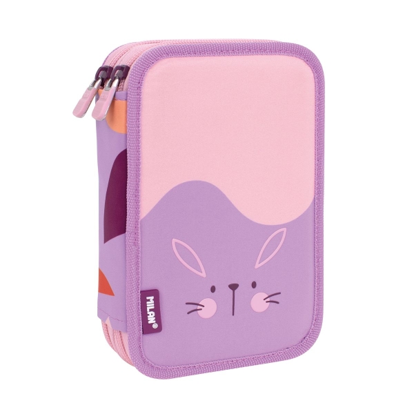 Milan Fun Animals Plumier De 2 Pisos Con 2 Gomas De Borrar, Sacapuntas, Lapiz, Boligrafo Capsule, Regla, 12 Lapices De Colores Y 18 Rotuladores - Color Rosa/Violeta