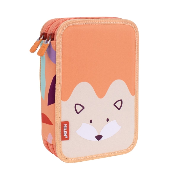 Milan Fun Animals Plumier De 2 Pisos Con 2 Gomas De Borrar, Sacapuntas, Lapiz, Boligrafo Capsule, Regla, 12 Lapices De Colores Y 18 Rotuladores - Color Naranja/Beige