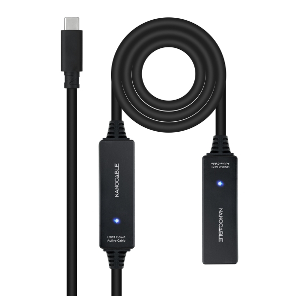 Nanocable Cable Prolongador Usb-C 3.2 Macho A Usb-C 3.2 Hembra - 10 Metros - Amplificador - Color Negro