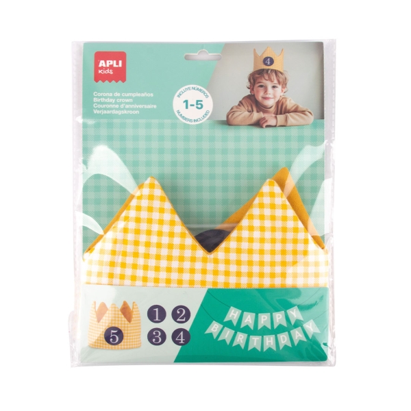 Apli Kids Corona De Cumpleaños - Con Numeros Del 1 Al 5 - Ajustable Y Reversible - Fabricada En Tela - Color Amarillo Y Con Cuadros