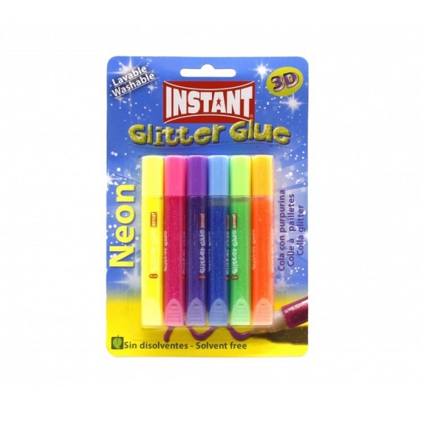 Instant Glitter Glue Neon Pack De 6 Tubos De Pegamento Con Purpurina 10.5Ml - Para Distintas Superficies - Sin Disolventes - Colores Neon Surtidos