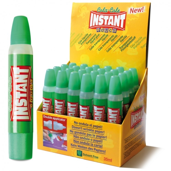 Instant Educa Pegamento Transparente 35Ml - Doble Aplicador - A Base De Componentes Naturales - Sin Disolventes - Transparente