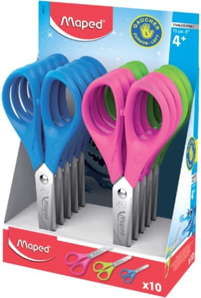 Maped Essentials Zurdos Tijera Escolar Punta Redonda 13Cm - Hojas De Acero Inoxidable - Mango De Plastico Simetrico - Colores Surtidos