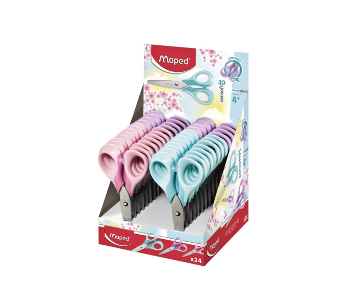 Maped Sensoft Tijera Escolar Punta Redonda 13Cm - Hojas De Acero Inoxidable - Mango De Plastico Simetrico - Colores Pastel Surtidos