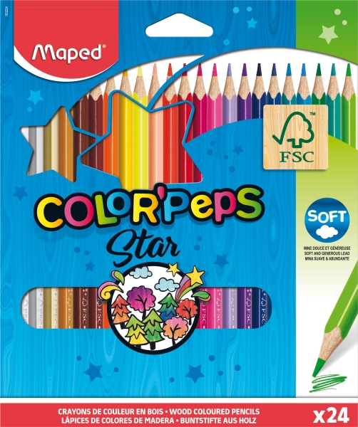 Maped Color´peps Star Pack De 24 Lapices De Colores Triangulares - Mina Suave - Madera Certificada Fsc - Colores Surtidos