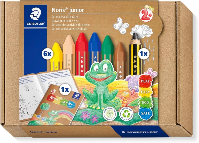 Staedtler Noris Junior Conjunto De Actividades Pack De 6 Ceras De Colores + Lapiz De Grafito Extragrueso + Folleto De Actividades - Colores Surtidos