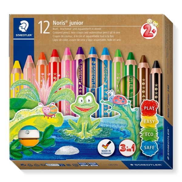 Staedtler Noris Junior Pack De 12 Lapices De Colores Extragruesos + Sacapuntas - 3 En 1, Lapiz, Cera Y Acuarelable - Colores Surtidos