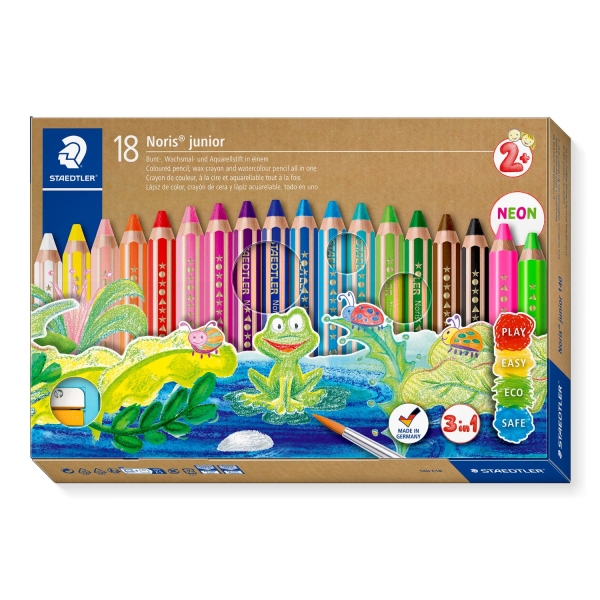 Staedtler Noris Junior Pack De 18 Lapices De Colores Extragruesos + Sacapuntas + Pincel - 3 En 1, Lapiz, Cera Y Acuarelable - Colores Surtidos