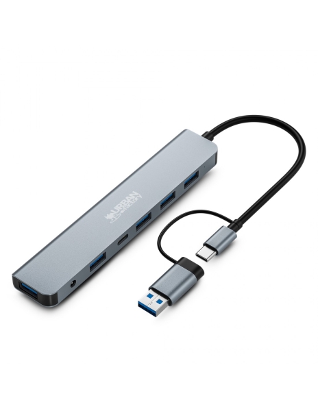Urban Factory Minee Hub 6 En 1 - Usb-A/C Macho - Usb-A/C Hembra - Alimentacion Externa Con Adaptador De Corriente - Color Gris Metal
