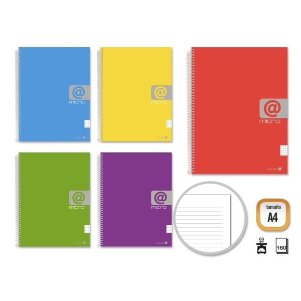 Golden Cuaderno Espiral A4 160 Hojas 60Grs 1 Raya - Hojas Microperforadas Con 4 Taladros Y 4 Bandas De Color - Tapa Resistente Forrada - Colores Surtidos