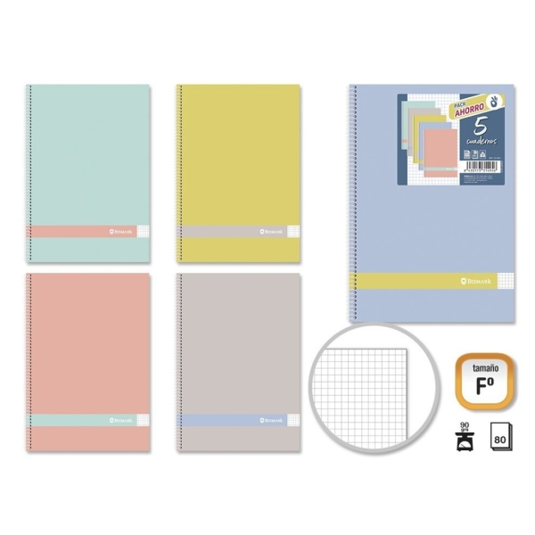 Golden Morandi Pack De 5 Cuadernos Espiral Folio 80 Hojas 90Grs Cuadricula 4X4 - Tapa Blanda Con Cantos Redondeados - Colores Morandi Surtidos
