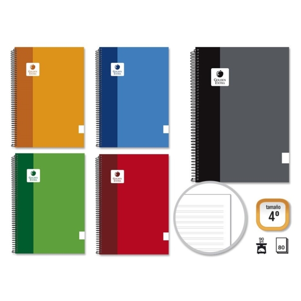 Golden Extra Cuaderno Espiral 4º 80 Hojas 90Grs Pautado - Margen Remarcado - Tapa Forrada - Colores Surtidos