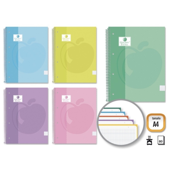 Golden Extra Cuaderno Espiral A4 80 Hojas 90Grs Cuadricula 5X5 - Hojas Microperforadas Con Banda De Color - Tapa Extradura Forrada - Colores Pastel Surtidos