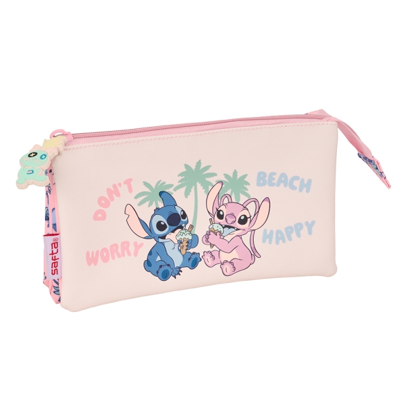 Safta Stitch Beach Estuche Portatodo - 3 Compartimentos - 22X12X3Cm - Color Rosa
