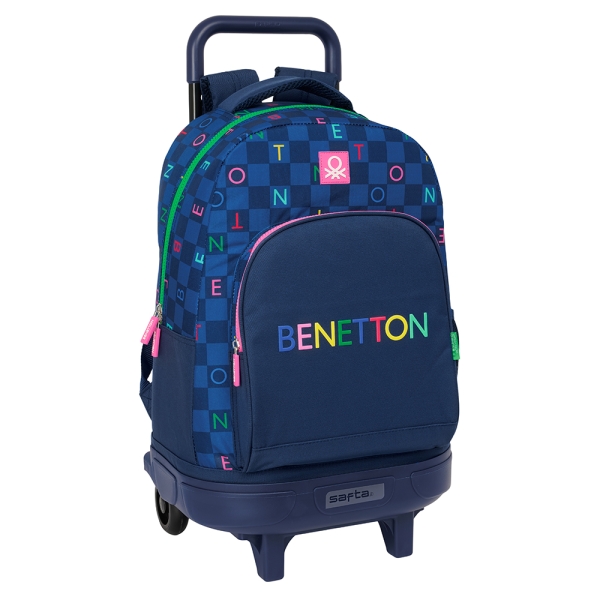 Safta Benetton Damero Mochila Con Carro Integrado - Extraible Para Facilitar Su Limpieza - Base Reforzada - Asa Extraible - 33X45X22Cm - Color Azul Marino