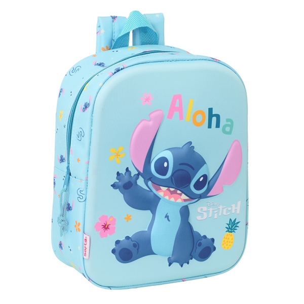 Safta Stitch Mochila Guarderia 3D - Asa De Mano - Compartimento Principal Con Cremallera - 22X27X10Cm - Color Azul