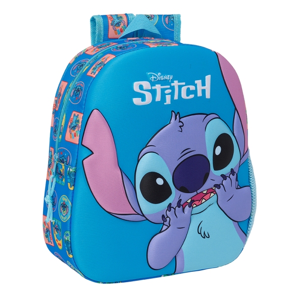 Safta Stitch Mochila 3D - Asa De Mano - Portabotellas Lateral - 27X33X10Cm - Color Azul