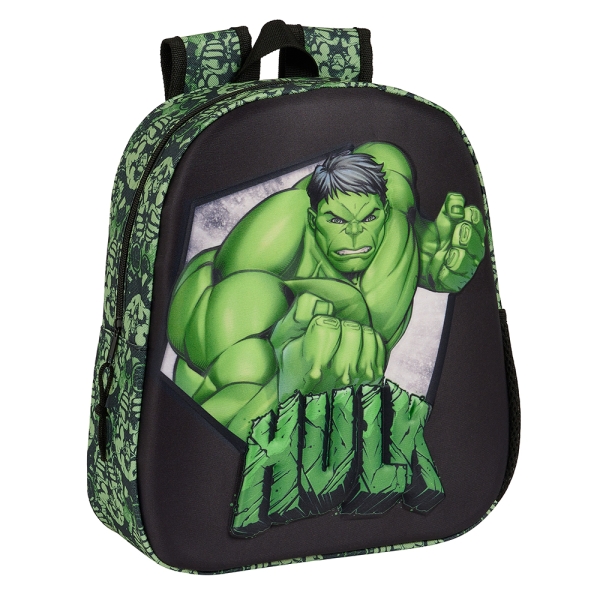 Safta Hulk Mochila 3D - Asa De Mano - Portabotellas Lateral - 27X33X10Cm - Color Negro/Verde