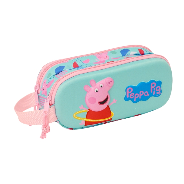 Safta Peppa Pig Estuche Portatodo 3D - 2 Compartimentos - Asa De Mano - 21X8X6Cm - Color Azul Claro