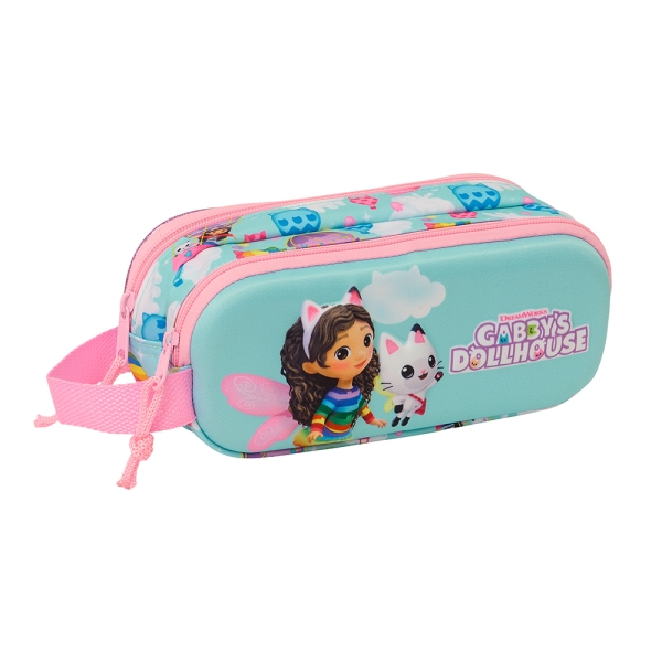 Safta Gabby's Dollhouse Estuche Portatodo 3D - 2 Compartimentos - Asa De Mano - 21X8X6Cm - Color Azul Claro