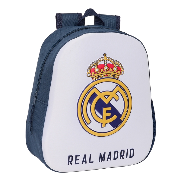 Safta Real Madrid Mochila 3D - Asa De Mano - Portabotellas Lateral - 27X33X10Cm - Color Blanco/Negro