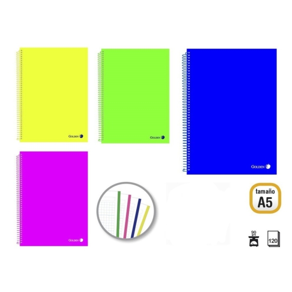 Golden Pack De 8 Cuadernos A5 120 Hojas 90Gr Cuadricula 5X5 - Hojas Microperforadas Con Banda De Color Y 2 Taladros - Tapa Polipropileno - Colores Surtidos