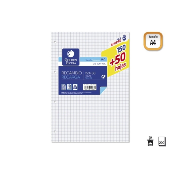 Golden Extra Recambio De 200 Hojas 90Gr Cuadricula 4X4 - Formato A4 - 4 Taladros