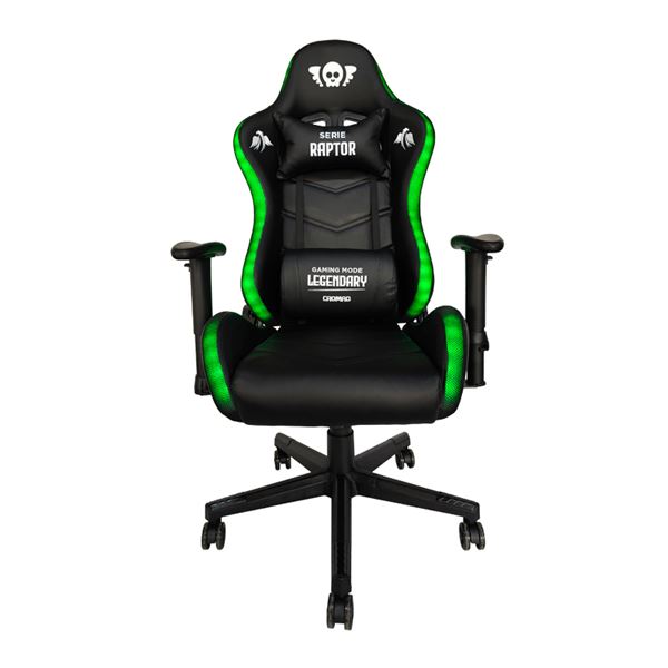 Cromad Serie Raptor Legendary Silla Gaming - Altura Regulable Con Piston De Gas Clase 2 - Reclinable Hasta 180º - Cojines Lumbar Y Cervical - Ruedas De Nailon De 60Mm - Iluminación Rgb - Color Negro